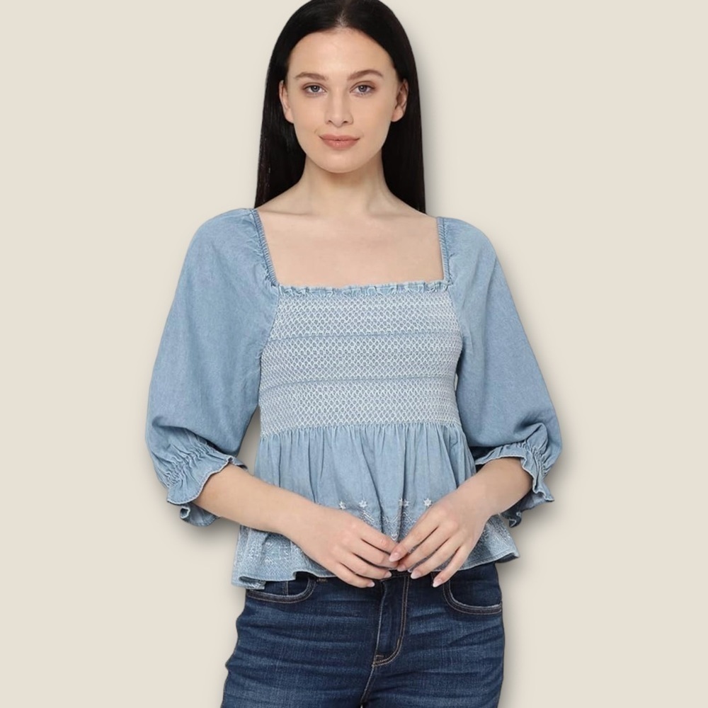 American Eagle Square Neck Puff Sleeve Off The Shoulder Babydoll Top Blue XS